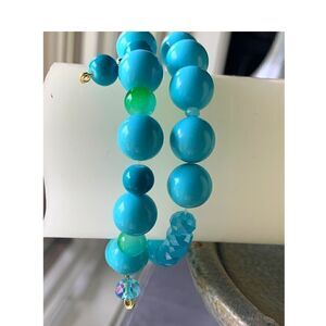 Vintage Blue Beads and Blue Crystals stretch bracelet, Set of 2, Unsigned